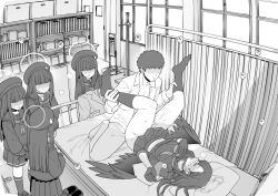 Rule 34 | 1boy, 5girls, bed, beret, black hair, blue archive, clone, clothed sex, hat, heavy breathing, holding another&#039;s leg, hospital bed, ichika (blue archive), infirmary, justice task force member (blue archive), oversized wings, long hair, male sensei (blue archive), missionary, mo (kireinamo), multiple girls, on bed, school, school uniform, sensei (blue archive), serafuku, sex, sex ed, skirt, sweat, twitter, voyeurism, watching, wings