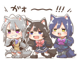 3girls :d animal_ears animal_hands black_gloves black_hair black_jacket black_shoes black_skirt blazer blue_eyes blue_gloves blue_hair blue_shoes bow brown_cardigan cardigan chibi collared_shirt fang gloves grey_gloves grey_hair grey_pantyhose grey_shoes grey_skirt grin hair_between_eyes hair_bow higuchi_kaede higuchi_kaede_(1st_costume) jacket kemonomimi_mode long_hair multiple_girls necktie nijisanji open_clothes open_jacket open_mouth pantyhose paw_gloves paw_shoes pink_bow pleated_skirt ponytail purple_bow purple_eyes purple_necktie rebecca_(keinelove) school_uniform shirt shizuka_rin shizuka_rin_(1st_costume) shoes simple_background skirt smile socks tail thighhighs translation_request tsukino_mito tsukino_mito_(1st_costume) v-shaped_eyebrows very_long_hair virtual_youtuber white_background white_bow white_shirt white_socks white_thighhighs wolf_ears wolf_girl wolf_tail yellow_eyes
