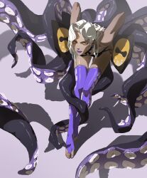 1girl absurdres commentary dark-skinned_female dark_skin earrings glaw highres jewelry long_hair original purple_lips purple_nails solo tentacles toes white_hair