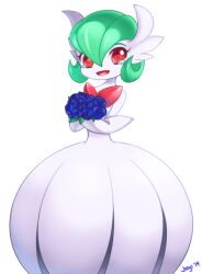 artrica bad_id bad_pixiv_id blue_flower blue_rose bob_cut dress elbow_gloves flower gardevoir gen_3_pokemon gloves green_hair mega_gardevoir mega_pokemon nintendo open_mouth pokemon pokemon_(creature) red_eyes rose signature smile tearing_up white_dress white_gloves