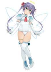 1girl boots commentary_request djibril_aries elbow_gloves energy_wings full_body gloves green_eyes halo highres jinno_hikari long_hair magical_girl makai_tenshi_djibril makai_tenshi_djibril_2 one-piece_swimsuit purple_hair ribbon school_swimsuit shochiku simple_background smile solo swimsuit swimsuit_costume thigh_boots thigh_strap thighhighs thighs twintails white_background white_boots white_gloves white_one-piece_swimsuit white_thighhighs wings