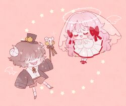 1boy 1girl angel_and_devil angel_wings animal_skull black_hat black_jacket blunt_bangs blunt_ends bow brown_hair brown_shoes brown_shorts buttons cartoon_wings chibi closed_eyes collared_shirt curled_horns demon_horns demon_wings drawn_halo drawn_wings dress dress_shirt eleanor_(ohmyeleanor) evil_grin evil_smile eyelashes floating footwear_bow grin hair_between_eyes hair_bow hair_over_eyes halo hands_on_own_chin happy hat holding holding_wand horns jacket kneehighs light_blush long_hair long_sleeves medium_dress mini_hat mini_top_hat mini_wings open_clothes open_jacket open_mouth pink_background pink_hair platinum_(pocket_mirror) pleated_dress pocket_mirror puffy_long_sleeves puffy_sleeves red_bow red_shoes see-through_clothes see-through_veil sharp_teeth shirt shoes shorts sleeves_past_wrists smile socks sparkle spiked_halo star_(symbol) star_symbol_background strange_boy teeth top_hat turtleneck turtleneck_dress veil very_long_hair wand white_dress white_horns white_shirt white_socks wide_sleeves wings