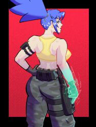 Rule 34 | 1girl, ass, blue eyes, blue hair, breasts, curvy, earrings, female focus, from behind, gloves, hand on own hip, highres, huge ass, huge breasts, itslavolpe, jewelry, large breasts, leather, leona heidern, long hair, looking at viewer, looking back, military, pale skin, pants, ponytail, shirt, standing, tank top, the king of fighters, thick thighs, thighs