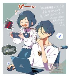 1boy 1girl backpack bag blue_hair commentary_request computer frilled_shirt frills fukurai_azami handheld_game_console highres holding holding_handheld_game_console laptop meguriya_ayumu musical_note nintendo_switch nogizi one_eye_closed open_mouth shirt short_hair sitting smile spoken_musical_note tearing_up toshi_densetsu_kaitai_center translation_request triangle_necklace wheelchair yellow_eyes
