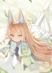 1girl absurdres animal_ears blue_archive bow bowtie bright_pupils commentary_request dress fox_ears fox_girl frilled_dress frills grass halo highres leaf long_hair long_sleeves looking_at_viewer lying on_stomach orange_hair seia_(blue_archive) sleeves_past_fingers sleeves_past_wrists solo white_bow white_bowtie white_dress white_pupils wlswlp yellow_bow yellow_bowtie yellow_halo