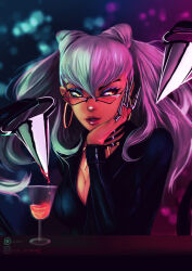 Rule 34 | 1girl, black suit, breasts, cleavage, demon girl, earrings, evelynn (league of legends), floating hair, formal clothes, glasses, glowing, glowing eyes, jewelry, k/da (league of legends), k/da all out evelynn, league of legends, long hair, looking to the side, medium breasts, necklace, parted lips, solo, suit, the baddest evelynn, yellow eyes, yuki draws42