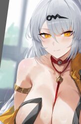 1girl armlet between_breasts blush breasts cleavage closed_mouth grey_hair hair_ornament highres huge_breasts jacket jewelry long_hair necklace off_shoulder orange_jacket single_bare_shoulder solo unfinished white_hair window yellow_eyes yi_xuan_(zenless_zone_zero) yonesdraws zenless_zone_zero