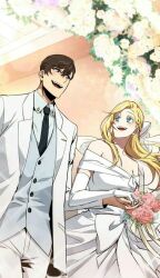 1boy 1girl black_eyes black_hair blonde_hair blue_eyes dress flower formal_clothes highres irene_holton looking_at_another marriage open_mouth seo_joo-heon short_hair smile suit tomb_raider_king very_short_hair white_dress white_suit