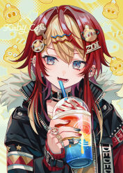 1girl absurdres black_choker black_jacket blonde_hair blue_eyes character_hair_ornament choker commentary_request cup disposable_cup drinking_straw ear_piercing fang hair_ornament hairclip highres holding holding_cup jacket king_dedede kirby_(series) long_hair long_sleeves multicolored_hair nintendo open_mouth personification piercing red_hair smile solo star_(symbol) star_hair_ornament suzaku_(zaku6584) two-tone_hair upper_body yellow_background