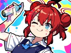 1girl :q ahoge blue_archive blue_eyes blue_necktie blue_vest blush bright_pupils can closed_mouth collared_shirt double_bun hair_bun halo holding holding_can looking_at_viewer maki_(blue_archive) necktie one_eye_closed paint_can paint_splatter red_hair red_halo shirt short_sleeves smile solo tongue tongue_out upper_body vest white_pupils white_shirt yuuji_overall