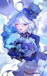 1girl absurdres ahoge asymmetrical_gloves back_bow balloon black_gloves black_shirt blue_bow blue_flower blue_gemstone blue_hair blue_hat blue_jacket blue_rose bouquet bow commentary_request confetti cowboy_shot creature crossed_arms drop-shaped_pupils flower furina_(genshin_impact) gem genshin_impact gloves hair_between_eyes hat hat_bow hat_ornament highres holding holding_bouquet huge_ahoge jacket korean_commentary long_hair long_sleeves looking_at_viewer low_twintails mismatched_gloves multicolored_hair one_eye_closed open_clothes open_jacket open_mouth purple_eyes rose shirt short_shorts shorts simple_background smile standing surintendante_chevalmarin symbol-shaped_pupils teeth thigh_strap top_hat twintails two-tone_hair vest wavy_hair white_background white_gloves white_hair white_shorts white_vest yuseol_art