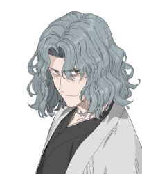 Rule 34 | 1boy, bags under eyes, black kimono, blue hair, closed mouth, curtained hair, eyes visible through hair, fate/grand order, fate (series), grey eyes, haori, highres, ikezawa shin, japanese clothes, kimono, looking at viewer, looking to the side, male focus, medium hair, parted bangs, saitou hajime (fate), saitou hajime (third ascension) (fate), simple background, smile, solo, upper body, wavy hair, white background