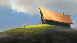 Rule 34 | 1other, cambocreation, cloak, cloud, fantasy, flock, from side, grass, hill, house, landscape, original, painterly, scenery, sky, standing, sunlight, watermark, white cloak