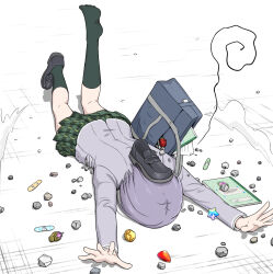 1girl anglediana bag bang_dream! bang_dream!_it&#039;s_mygo!!!!! blazer chinese_commentary commentary_request fallen_down gameplay_mechanics green_eyes green_socks grey_hair grey_jacket haneoka_school_uniform jacket kneehighs long_hair lying notebook on_stomach plaid_clothes plaid_skirt pleated_skirt purple_hair school_uniform shoes short_hair single_shoe skirt socks solo takamatsu_tomori