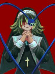 1girl black_dress black_veil blood blood_on_face buttons coif collar crest cross cross_necklace diamond_button dress eyeball green_hair heart heart_of_string highres jewelry komeiji_koishi necklace nun obscured_eyes omaega_chan own_hands_clasped own_hands_together red_background third_eye touhou veil white_collar white_wrist_cuffs wrist_cuffs