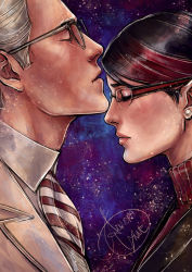 1boy 1girl aged_up ascot bangs_pinned_back black_hair black_jacket blazer blue_hair closed_eyes collared_shirt dark_blue_hair earrings eyeshadow formal_clothes gabriel_agreste galaxy glasses grey_hair hawkmoth_(miraculous_ladybug) hetero highres imminent_kiss jacket jewelry kiss kissing_forehead lips lipstick makeup miraculous_ladybug multicolored_hair nathalie_sancoeur office_lady open_mouth painting_(medium) pale_skin parted_lips pearl_earrings pink_lips platinum_blonde_hair red_hair sad scarf secretary shirt signature space_print star_(sky) starry_sky_print streaked_bangs streaked_hair striped_ascot striped_clothes striped_neckwear striped_scarf suit suit_jacket sweater traditional_media tumblr turtleneck turtleneck_sweater watercolor_(medium)