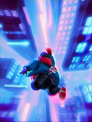 Rule 34 | black hair, blue jacket, building, chromatic aberration, city, dkaism, falling, from below, full body, hood, hood down, jacket, marvel, miles morales, neon lights, outstretched hand, reaching, red hood, short hair, spider-man: across the spider-verse, spider-man (series), spider-verse