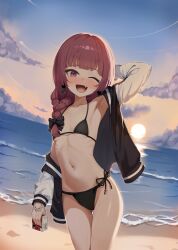 1girl absurdres agm alcohol_carton arm_behind_head armpits beach bikini black_bikini black_jacket black_ribbon blush bocchi_the_rock! eyebrows_hidden_by_hair fang flat_chest gluteal_fold groin hair_ribbon highres hiroi_kikuri holding_juice_box jacket looking_at_viewer medium_hair multicolored_jacket navel ocean one_eye_closed open_mouth ponytail purple_eyes purple_hair ribbon side-tie_bikini_bottom smile solo stomach sunset swimsuit two-tone_jacket white_jacket