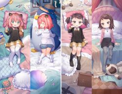 2girls :d anya_(spy_x_family) bag becky_blackbell black_dress black_skirt black_socks blue_shorts blush briefcase brown_eyes brown_hair collared_shirt commentary_request craytm curtains dakimakura_(object) dress frilled_pillow frills green_eyes grey_pantyhose hair_between_eyes hair_ornament hairclip highres indoors jacket multiple_girls multiple_views no_shoes on_bed open_mouth pantyhose peanut pillow pink_hair pink_jacket ribbed_pantyhose ribbed_shirt sailor_collar school_briefcase school_uniform shirt shorts skirt smile socks spy_x_family stuffed_animal stuffed_penguin stuffed_toy swept_bangs thighhighs twintails watermark white_sailor_collar white_shirt white_socks white_thighhighs
