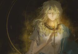 1boy 6_(reverse:1999) androgynous arm_up beifengguaxuezhenghongyang blonde_hair chinese_commentary closed_eyes closed_mouth colored_eyelashes commentary_request jewelry long_hair male_focus necklace reverse:1999 robe short_sleeves solo unfinished upper_body white_robe