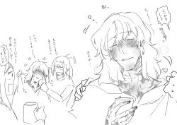 Rule 34 | 1girl, 2boys, :d, absurdres, blank eyes, blush, closed eyes, cup, curse maker, curse maker 1, etrian odyssey, forehead, greyscale, hair between eyes, highres, holding, holding cup, hood, hood down, hooded robe, monochrome, mug, multiple boys, nikki kyousuke, open mouth, paladin (sekaiju), paladin 2 (sekaiju), parted lips, ponytail, profile, ranger (sekaiju), ranger 1 (sekaiju), robe, shirt, simple background, smile, translation request, white background