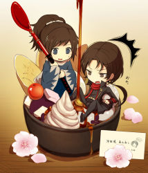 10s 29/30 2boys ^^^ alternate_eye_color anmitsu_(dessert) apple apple_slice black_hair blue_eyes bowl brown_eyes brown_hair cherry cherry_blossoms chibi flower food fruit highres in_food japanese_clothes kashuu_kiyomitsu male_focus mini_person miniboy multiple_boys ponytail pun red_eyes scarf shinsengumi spoon touken_ranbu whipped_cream yamato-no-kami_yasusada