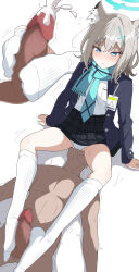 Rule 34 | 1boy, 1girl, animal ear fluff, animal ears, aqua eyes, black jacket, blue archive, blue halo, blue necktie, blue scarf, blush, breast pocket, censored, clothed female nude male, cross, cross hair ornament, cum, cunnilingus, cunnilingus through clothes, ejaculation, facejob, footjob, grey hair, hair ornament, halo, highres, id card, inverted cross, jacket, mechanical halo, mosaic censoring, multiple views, necktie, nel-c, no shoes, nude, open clothes, open jacket, oral, panties, plaid clothes, plaid skirt, pocket, scarf, school uniform, shiroko (blue archive), shirt, sitting, skirt, sock on penis, sockjob, socks, twitching penis, underwear, white panties, white shirt, white socks, wolf ears
