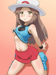 1girl arm_support awa bare_shoulders blush breasts brown_eyes brown_hair clothes_lift creatures_(company) female_focus game_freak hat kneeling leaf_(pokemon) lifting_own_clothes long_hair looking_at_viewer medium_breasts miniskirt navel nintendo pokemon pokemon_frlg porkpie_hat red_skirt shirt shirt_lift skirt sleeveless sleeveless_shirt solo underboob