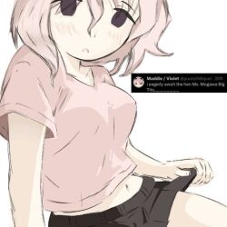 1girl black_skirt blush breasts clothes_lift collarbone crop_top h3n_sw hair_between_eyes large_breasts looking_at_viewer mogawa_(shimeji_simulation) navel pink_hair pink_shirt purple_eyes shimeji_simulation shirt skirt skirt_lift solo tweet