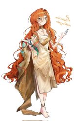 1girl 37_(reverse:1999) 37_(reverse:1999)_(cosplay) alternate_hairstyle ancient_greek_clothes anklet bare_shoulders barefoot bottle cosplay full_body gold_choker greco-roman_clothes grey_eyes hair_between_eyes hibissukssurussuk highres holding holding_scroll italian_text jewelry long_hair looking_up message_in_a_bottle parted_lips reverse:1999 scroll solo sonetto_(reverse:1999) standing toga very_long_hair wavy_hair white_background
