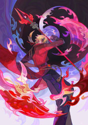 Rule 34 | 1boy, ahoge, armor, black gloves, blonde hair, coattails, fake horns, fire, genshin impact, gloves, highres, horned headwear, horns, jacket, japanese armor, japanese clothes, male focus, pants, percichen, ponytail, red jacket, shirt, staff of homa (genshin impact), tassel, thoma (genshin impact)