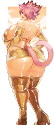 1girl animal_ear_fluff animal_ears ass back bikini bikini_under_skirt black_boots blue_eyes boots breasts cat_ears cat_girl cat_tail commission elbow_gloves eyes_visible_through_hair from_behind gloves gold_bikini gold_gloves gold_skirt hair_over_one_eye high_heel_boots high_heels highleg highleg_bikini huge_ass huge_breasts larribee lips looking_back microskirt original pink_hair shiny_clothes short_hair skirt smile solo spiked_hair standing swimsuit tail thick_thighs thigh_boots thighs thong whale_tail_(clothing) white_background wide_hips wtgn_grim