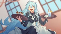 1boy ^_^ alternate_costume apron back_bow black_dress blue_hair blurry blurry_background blush bow bowl braided_sidelock closed_eyes cowboy_shot crossdressing cup dessert dress drink drinking_glass drinking_straw enmaided ensemble_stars! food frilled_apron frills fruit hibiki_wataru highres holding holding_tray ice_cream indoors juliet_sleeves lemon lemon_slice long_hair long_sidelocks long_sleeves maid maid_headdress male_maid napkin neck_ribbon open_mouth pudding49500 puffy_sleeves ribbon sidelocks single_sidelock smile solo trap tray very_long_hair wafer_stick waist_apron white_apron white_ribbon window