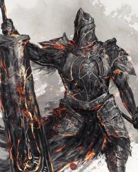 1boy armor breastplate commentary covered_face dark_souls_(series) dark_souls_ii english_commentary faulds full_armor fume_knight helmet highres holding holding_sword holding_weapon male_focus pauldrons shimhaq shoulder_armor solo standing sword waist_cape weapon