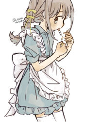 1girl apron back_bow blush bow braid braided_ponytail brown_hair cigarette commentary_request cowboy_shot dress flat_chest frilled_apron frilled_dress frills from_side green_dress hands_up holding holding_lighter lighter looking_at_viewer maid maid_apron original sasaxxxx06 sideways_glance simple_background smoking solo standing thighhighs twitter_username white_background