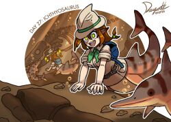 +_+ 1girl backpack bag belt blue_bag border breasts brown_background brown_belt brown_hair brown_hat brown_shirt bubble character_request check_character check_copyright copyright_request dragonith english_text fins fossil from_above green_eyes green_neckerchief green_ribbon hair_between_eyes hat hat_ribbon head_fins ichthyosaur looking_down medium_breasts medium_hair mermaid monster_girl multiple_views neckerchief open_mouth original paleontology reptile_girl ribbon round_border shirt short_sleeves smile sparkle split_ponytail teeth upper_teeth_only white_border