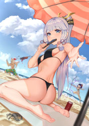 1boy 2girls absurdres angry arataki_itto artist_request ass ayaka_(genshin_impact) bare_shoulders barefoot bikini black_bikini black_hair blood blue_eyes blunt_bangs bow_(weapon) breasts chasing crab fleeing folding_fan from_behind genshin_impact green_male_swimwear green_swim_trunks hair_ornament hand_fan highres holding holding_fan kujou_sara long_hair looking_at_viewer male_swimwear medium_breasts mole mole_under_eye multiple_girls open_mouth ponytail reaching reaching_towards_viewer running shiny_skin short_hair shorts swim_trunks swimsuit thighs thong thong_bikini very_long_hair weapon white_hair