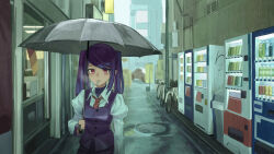 1girl absurdres an_yb bicycle building car cigarette cloud cloudy_sky commentary english_commentary highres holding holding_umbrella jill_stingray juliet_sleeves long_hair long_sleeves looking_at_viewer motor_vehicle necktie outdoors puffy_sleeves purple_hair purple_vest red_eyes red_necktie shirt sidelocks skirt sky solo swept_bangs twintails umbrella upper_body va-11_hall-a vending_machine vest white_shirt