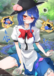 1girl absurdres asaka_haru123 black_hat blue_hair blue_skirt blush bow bowtie bug center_frills frilled_sailor_collar frills hat highres hinanawi_tenshi inset looking_at_viewer outdoors peach_hat_ornament puffy_short_sleeves puffy_sleeves red_bow red_bowtie red_eyes sailor_collar shirt short_sleeves sitting skirt spoken_squiggle squiggle sweatdrop thighs touhou tripping wet wet_clothes wet_hair white_shirt