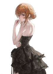 1girl absurdres back bare_arms bare_shoulders bbl black_dress brown_hair dress from_side hair_bun hand_up highres layered_dress looking_at_viewer orange_eyes original profile short_hair solo strapless strapless_dress upper_body white_background