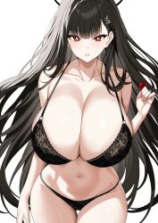 1girl absurdres bare_shoulders black_bra black_hair black_panties blue_archive bra breasts cleavage condom condom_wrapper hair_ornament hairclip halo highres holding holding_condom huge_breasts long_hair looking_at_viewer midriff navel panties parted_lips red_eyes rio_(blue_archive) simple_background solo tewaki thighs underwear underwear_only very_long_hair white_background