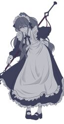 1boy absurdres apron arm_behind_back black_eyes blue_eyes bowing collared_dress dress frilled_dress frills gloves grey_hair hair_over_shoulder hair_tie heterochromia high_ponytail highres holding holding_behind_back holding_polearm holding_polearm_behind_back holding_weapon holding_weapon_behind_back hong_lu_(project_moon) limbus_company long_sleeves maid maid_apron maid_headdress male_focus neck_ribbon pipi_tt platform_sandals polearm ponytail project_moon ribbon sandals smile solo weapon white_background white_gloves
