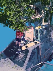 1girl blowing_bubble_gum blue_archive blue_background blue_eyes blue_hoodie boombox braid broken_window car chewing_gum condenser_unit double_bun graffiti hair_bun hair_intakes head_rest highres hood hoodie leaning_forward maki_(blue_archive) motor_vehicle on_car pusen_(puuu_sen555) red_hair rubber_duck shoelaces shoes simple_background skateboard skirt socks solo spray_paint tree twin_braids