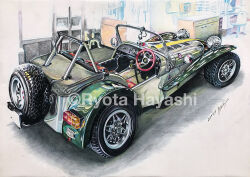 artist_name car caterham caterham_7 chair colored_pencil_(medium) dated from_behind goggles green_car hayashi_ryouta indoors motor_vehicle no_humans original quick_release_steering_wheel signature spare_tire sports_car steering_wheel traditional_media unused_tire vehicle_focus watermark wheel