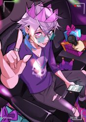 Rule 34 | 1boy, \m/, bishounen, blue eyes, blue hair, cellphone, commentary, earrings, english commentary, eyelashes, eyeshadow, from above, gavis bettel, gift, gigglepox, grey hair, hair between eyes, heterochromia, highres, holding, holding phone, holostars, holostars english, jewelry, long sleeves, looking at viewer, makeup, male focus, medium hair, multicolored hair, pants, pectoral cleavage, pectorals, perspective, phone, pink eyes, pink eyeshadow, pink hair, purple shirt, purple theme, recording, ring, shirt, sitting, skull print, smartphone, smile, solo focus, star-shaped eyewear, star (symbol), stud earrings, timestamp, tongue, tongue out, torn clothes, torn pants, virtual youtuber