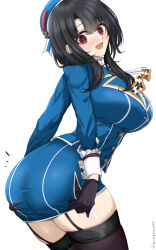 1girl ascot ass beret black_gloves black_hair black_thighhighs blue_hat blue_jacket blush breasts chamumi_(mochiumee) garter_straps gloves hat jacket kantai_collection large_breasts long_sleeves looking_back military military_uniform open_mouth red_eyes short_hair skirt solo takao_(kancolle) thighhighs white_background