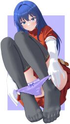 1girl absurdres belt black_thighhighs blue_hair border caeda_(fire_emblem) closed_mouth commission convenient_leg dress elbow_gloves feet fire_emblem full_body gloves hair_intakes highres knees_up kyoichi long_hair looking_at_viewer nintendo no_shoes orange_dress panties panty_pull pleated_dress purple_background short_sleeves sidelocks skeb_commission solo thighhighs toenails toes underwear white_border white_gloves
