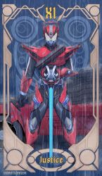 Rule 34 | 1boy, armor, belt, bodysuit, car, card (medium), compound eyes, drive driver, giganticbrush, gloves, glowing, handle-ken, helmet, highres, holding, holding sword, holding weapon, justice (tarot), kamen rider, kamen rider drive, kamen rider drive (series), kamen rider drive (type speed), looking at viewer, male focus, mask, motor vehicle, red armor, rider belt, roman numeral, shift brace, shift car, solo, standing, sword, tarot, tarot (medium), tokusatsu, tridoron, unused tire, weapon
