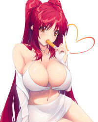 1girl absurdres alternate_costume bikini breasts brown_eyes food food_in_mouth highres kousaka_tamaki large_breasts long_hair off_shoulder popsicle popsicle_in_mouth red_hair rein_akane see-through_clothes see-through_skirt sitting skirt solo swimsuit to_heart_(series) to_heart_2 twintails very_long_hair white_background white_bikini yokozuwari
