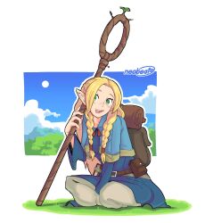 1girl ambrosia_(dungeon_meshi) artist_logo backpack bag blonde_hair blue_dress braid cloud cloudy_sky commentary day dress dungeon_meshi elf full_body green_eyes highres indian_style logo long_hair marcille_donato neobeat on_ground open_mouth pointy_ears sitting sky solo twin_braids